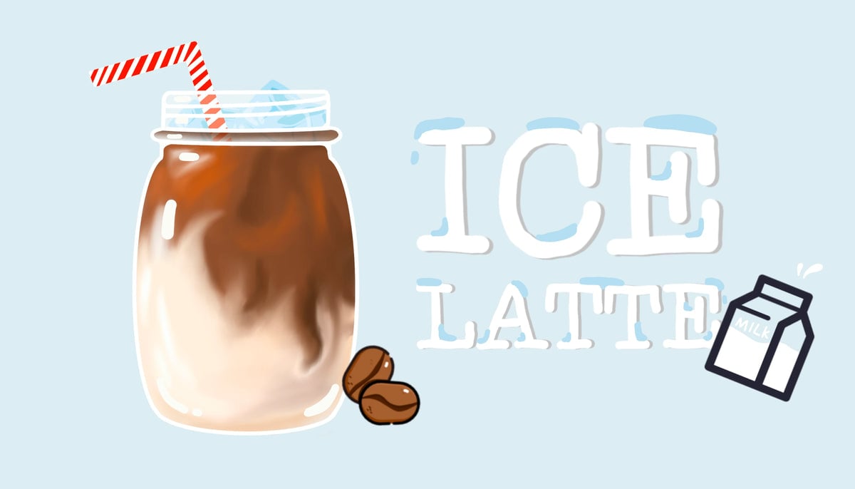 Илюстрация на ледено лате в буркан със сламка, кафе на зърна и думите „ICE LATTE“ до графика на картонена кутия с мляко, улавяща същността на атмосферата на Outin café.