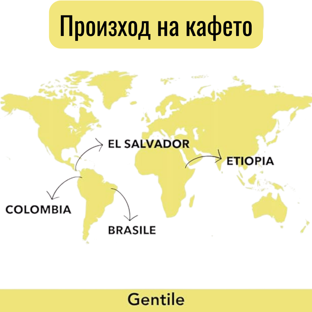 Опаковката на кафе капсулите Musetti® Gentile 100% Arabica, съвместима със системи Nespresso, включва красиво илюстрирана карта на света, която подчертава произхода на кафето от Колумбия, Ел Салвадор, Бразилия и Етиопия, с елегантни стрелки, сочещи към всяко място.
