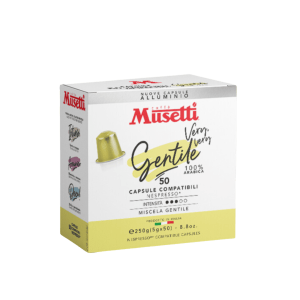 Разопаковайте изисканите кафе капсули Musetti® Gentile 100% арабика, идеално съвместими със системи Nespresso, включващи 50 прецизно изработени единици. Изживейте незабравим момент с всяко варене.