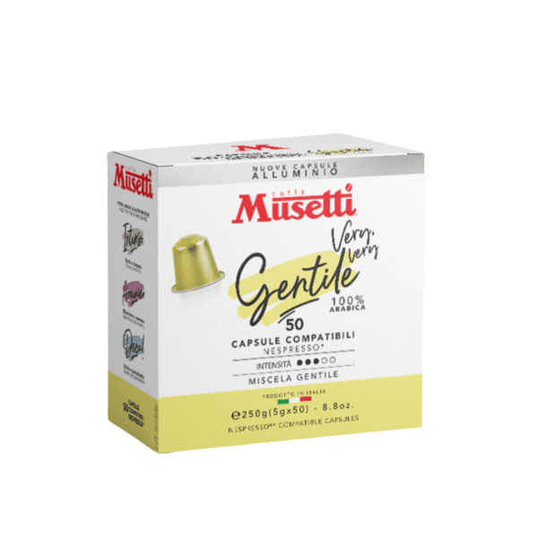 Разопаковайте изисканите кафе капсули Musetti® Gentile 100% арабика, идеално съвместими със системи Nespresso, включващи 50 прецизно изработени единици. Изживейте незабравим момент с всяко варене.