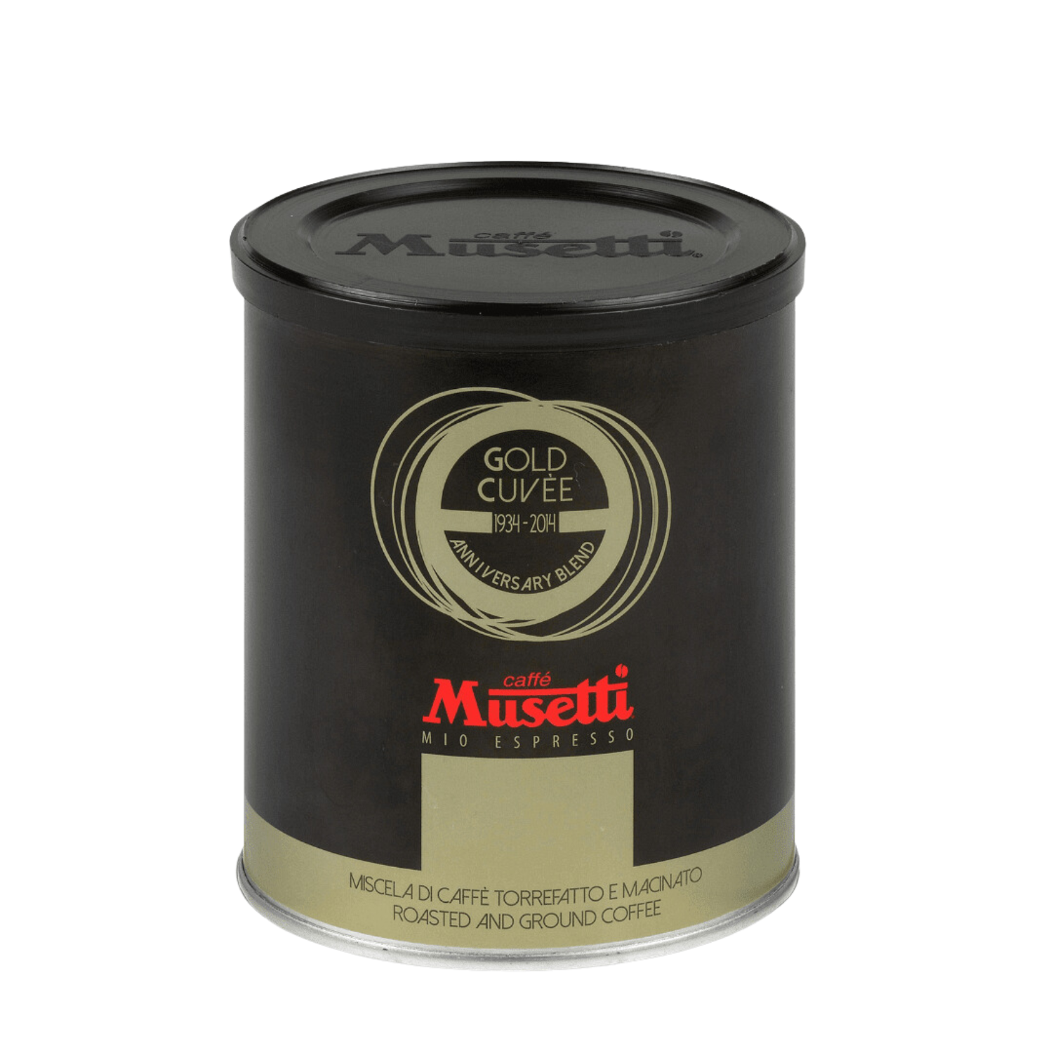 Черна и златна кутия печено и смляно кафе Musetti® Gold Cuvée, отбелязано като юбилеен бленд, идеално за следващия ви Outin.