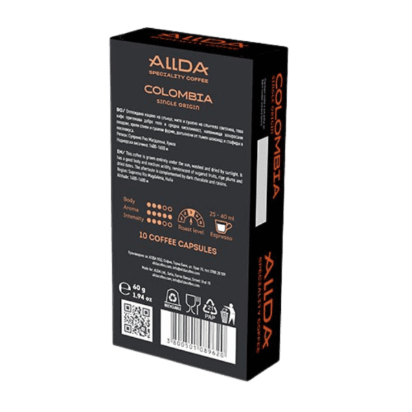 Разгледайте капсулите Allda Specialty Coffee, направени от 100% зърна арабика с един произход Колумбия. Насладете се на богат вкусов профил с включени инструкции за приготвяне, за да усъвършенствате чашата си, съвместим със системи Nespresso, комплект от 10 капсули.
