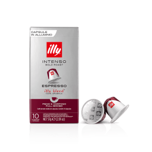 Кафе капсули illy® Intenso, съвместими със системата Nespresso, в кутия от 10 броя с две стилно изложени капсули отпред, предлагани от Outin и отличаващи се с богат вкус.