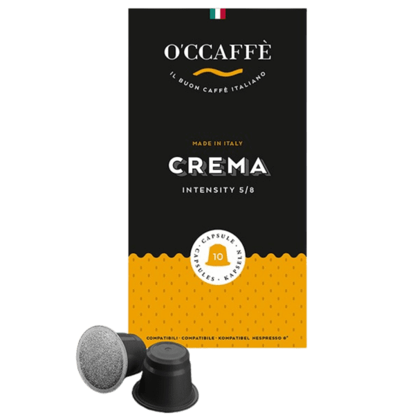Елегантна черно-оранжева кутия на Кафе капсули O’CCAFFÈ NESPRESSO – Crema, съвместима със системата Nespresso и побираща 10 капсули, е изложена на видно място с две капсули, стилно поставени отпред.