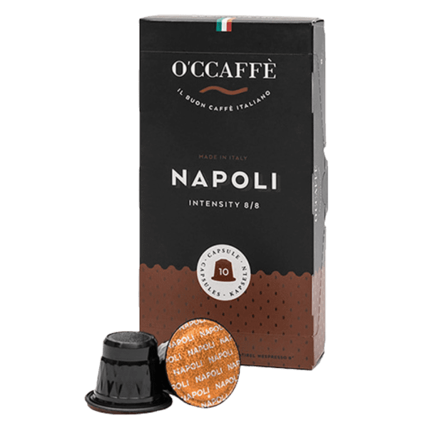 До кутия Кафе капсули O’CCAFFÈ NESPRESSO – Napoli, отворена капсула разкрива наситения аромат, готов за приготвяне с вашата еспресо машина Outin.
