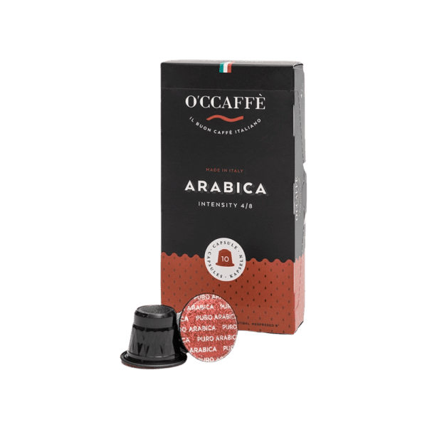 Кутията на Кафе капсули O’CCAFFÈ® – Arabica, включваща една шушулка, изложена на видно място, предлага среден интензитет. Всяка кутия, съвместима с Nespresso, включва десет капсули, изработени, за да подобрят вашето кафе изживяване.