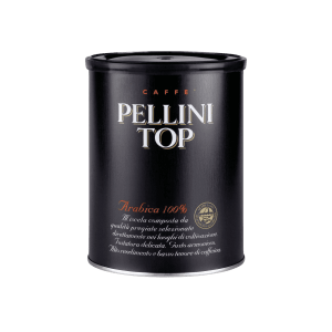 Черна метална кутия кафе Мляно кафе PELLINI TOP 100% Арабика показва червен и бял текст заедно със сребърен печат отпред, подсилен от уникалното докосване на Outin.