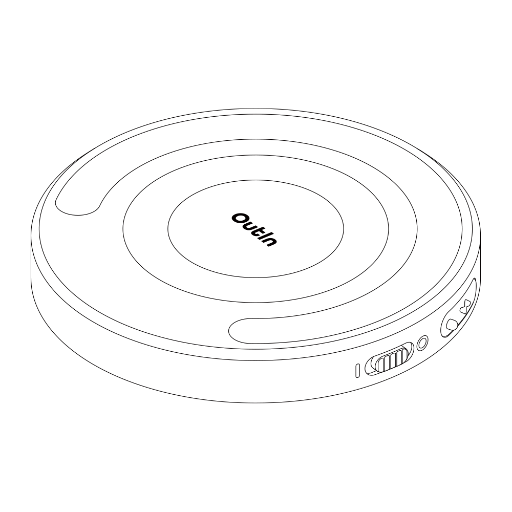 Линейна рисунка на кръгло, плоско устройство Outin с видими странични портове и бутони.