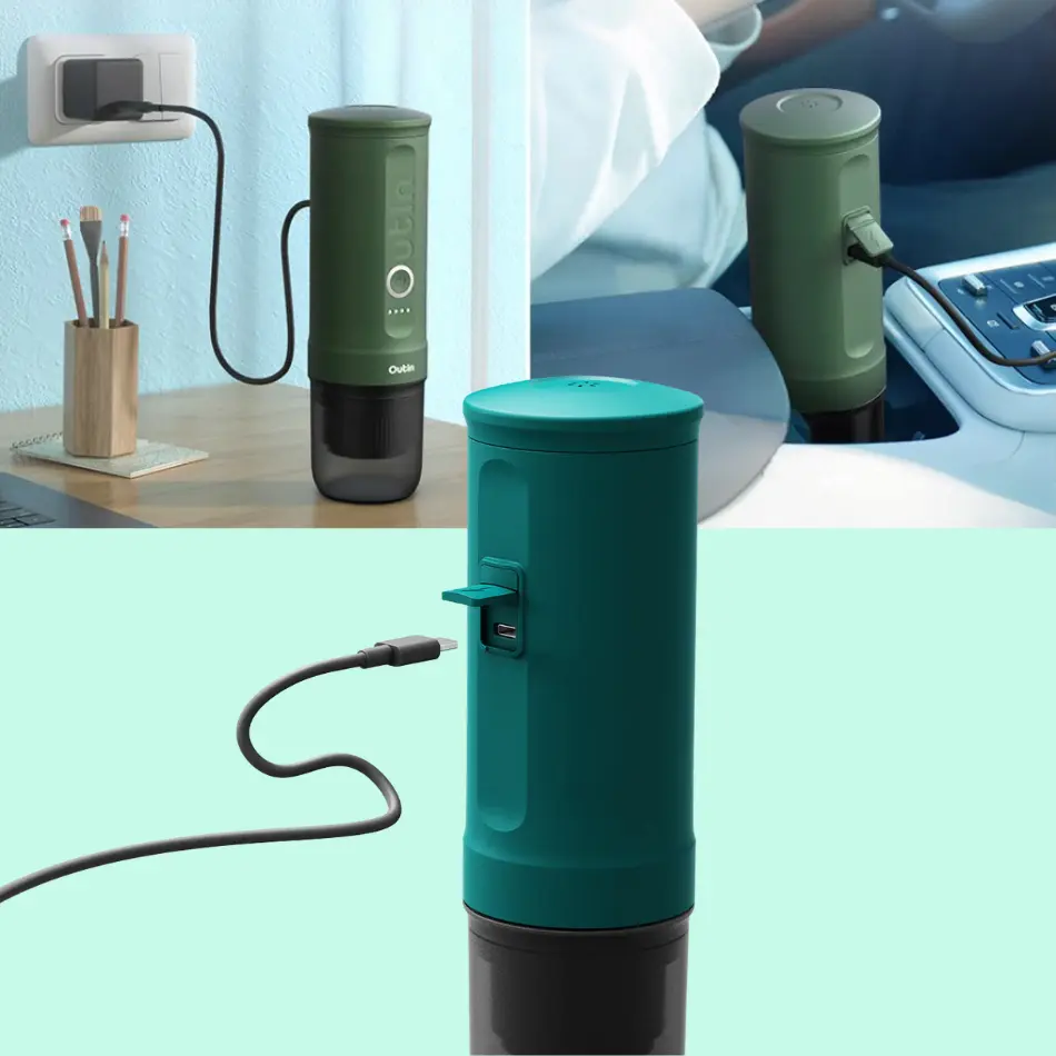 Цилиндрично зелено устройство, захранвано от USB, което се зарежда от стената, автомобила и бюрото - идеално за потребителите на Elementor в движение.