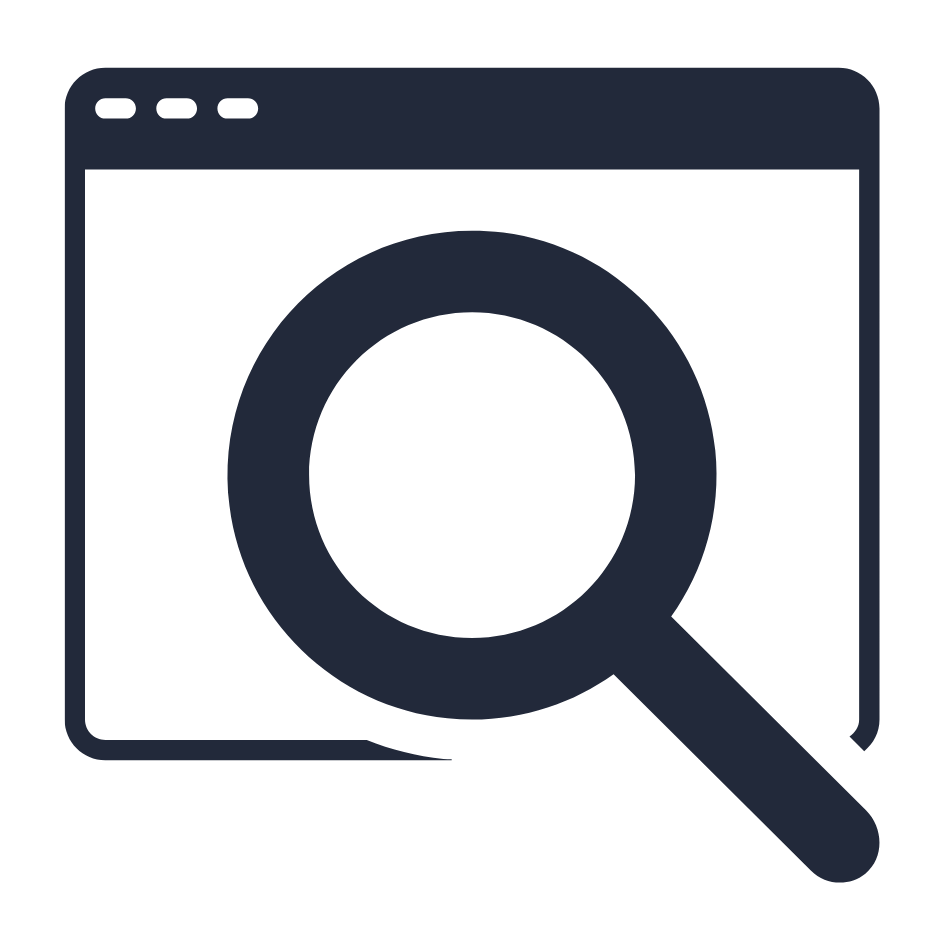 Икона на прозорец на уеб браузър с голяма лупа, представляваща онлайн търсене или проучване на уебсайт в Outin.