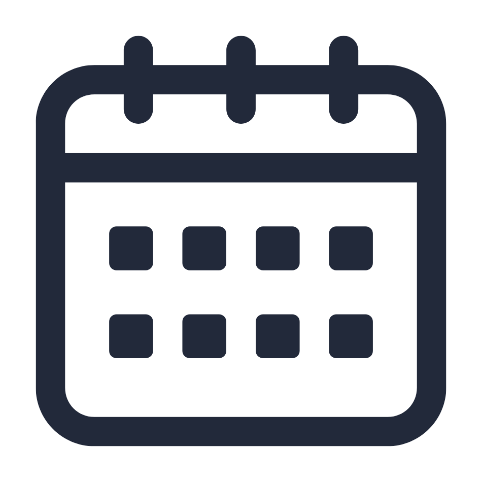 Обикновена черна икона на календар Outin с три пръстена в горната част и решетка на деня на бял фон.