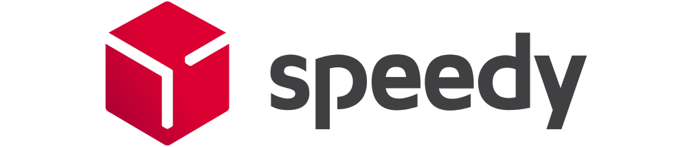 Червено и бяло геометрично кубче до думата "speedy" с удебелени, сиви, малки букви на бял фон.